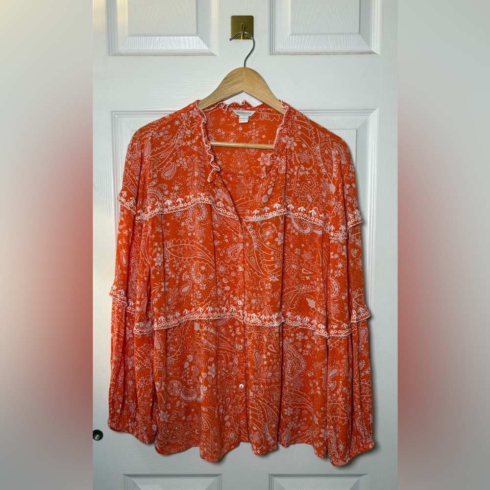 Monsoon | Size 12 Orange Embroidered Paisley Floral Bohemian‎ Top